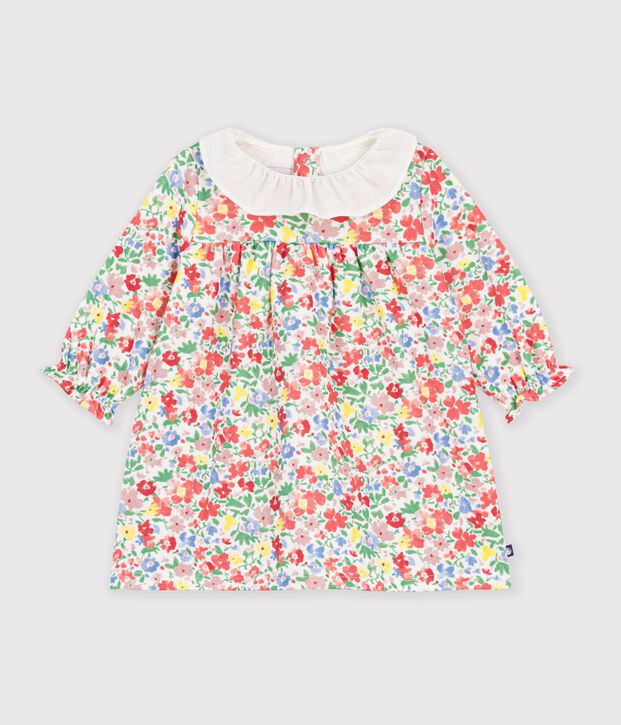Katoenen babyjurkje met lange mouwen en bloemenprint wit/multicouleur
