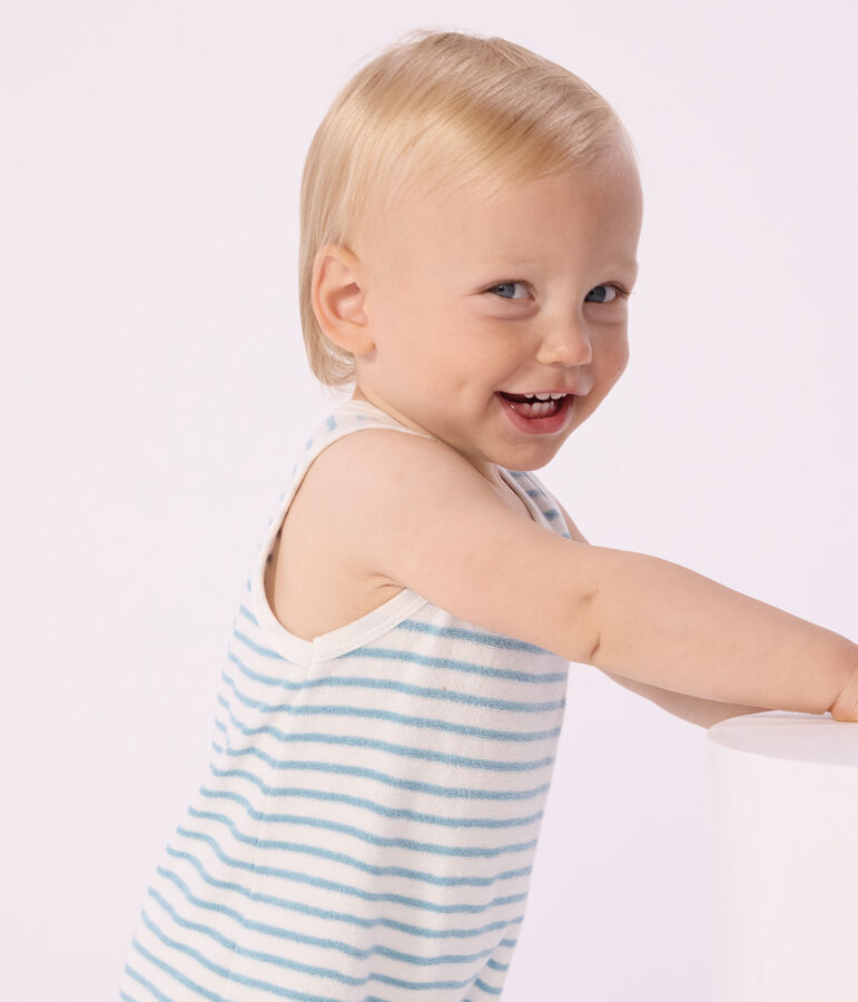 Combinaison courte sans manches b&eacute;b&eacute; en coton bouclette &eacute;ponge &agrave; rayures MARSHMALLOW/ MIMI