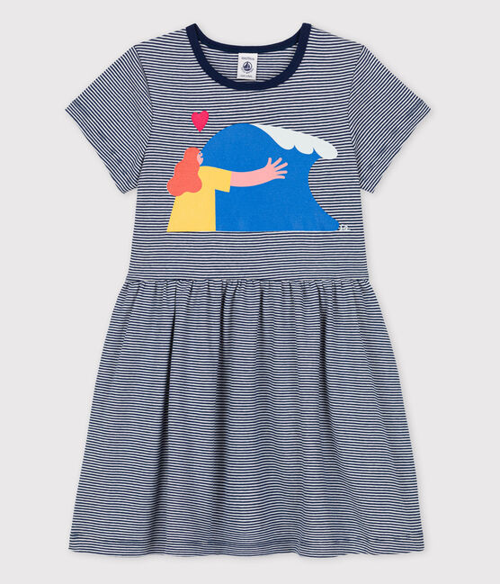 Petit Bateau meisjesjurk x Water Family blauw MEDIEVAL/wit MARSHMALLOW