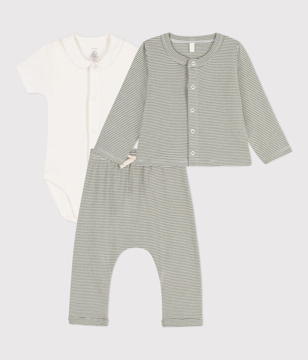 Ensemble &agrave; rayure milleraies en coton b&eacute;b&eacute; vert/blanc