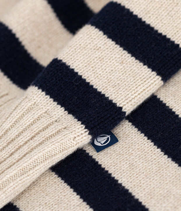 Pull en laine et coton femme &eacute;cru/bleu