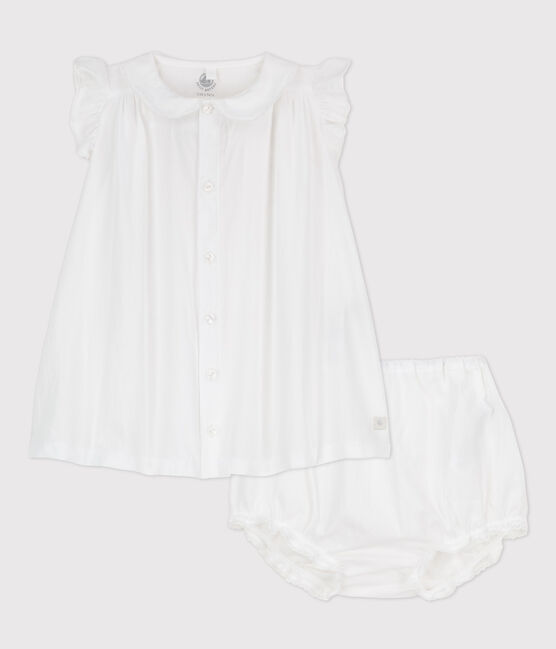 Robe blanche manches courtes avec bloomer bébé fille en popeline de coton biologique blanc ECUME