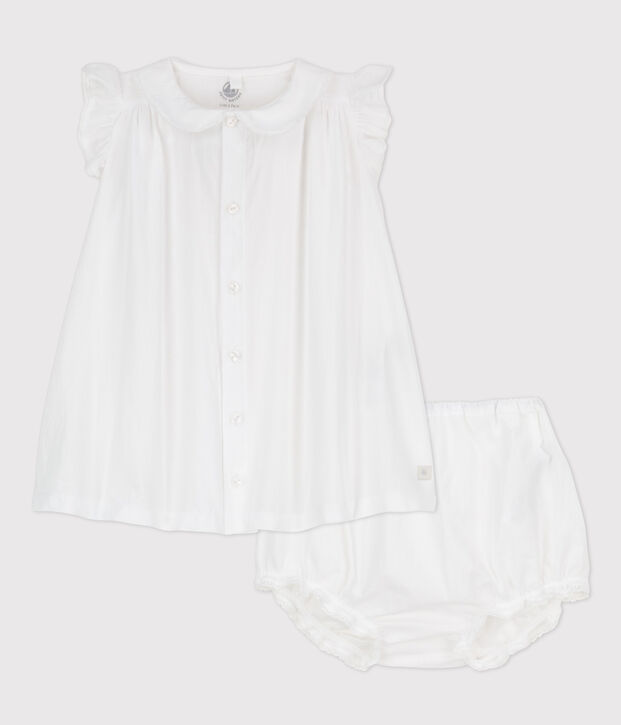 Robe blanche manches courtes avec bloomer b&eacute;b&eacute; fille en popeline de coton biologique blanc