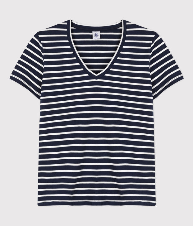 LE CLASSIQUE, T-shirt voor dames met V-hals in katoen blauw/wit