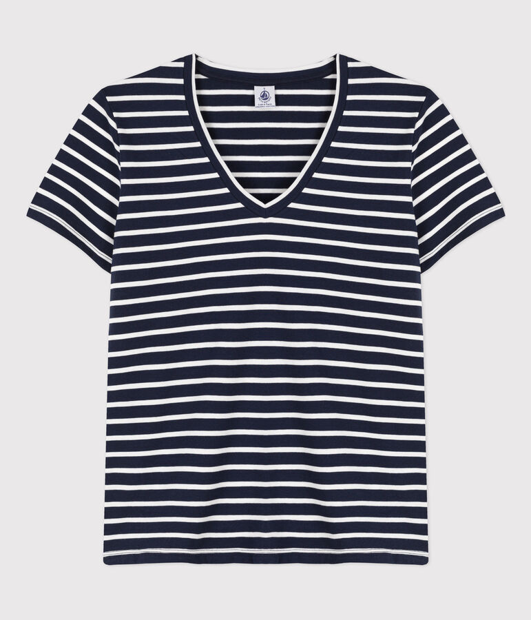 Tee-shirt LE DROIT col V en coton Femme bleu/blanc