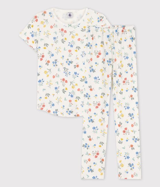 Meisjespyjama met korte mouwen en bloemenprint in katoen wit MARSHMALLOW/wit MULTICO