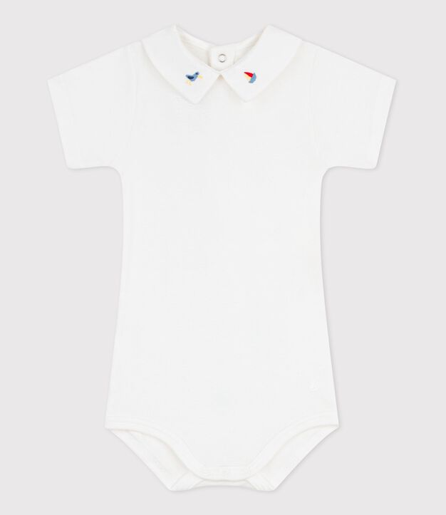 Effen katoenen babybody met geborduurd kraagje wit