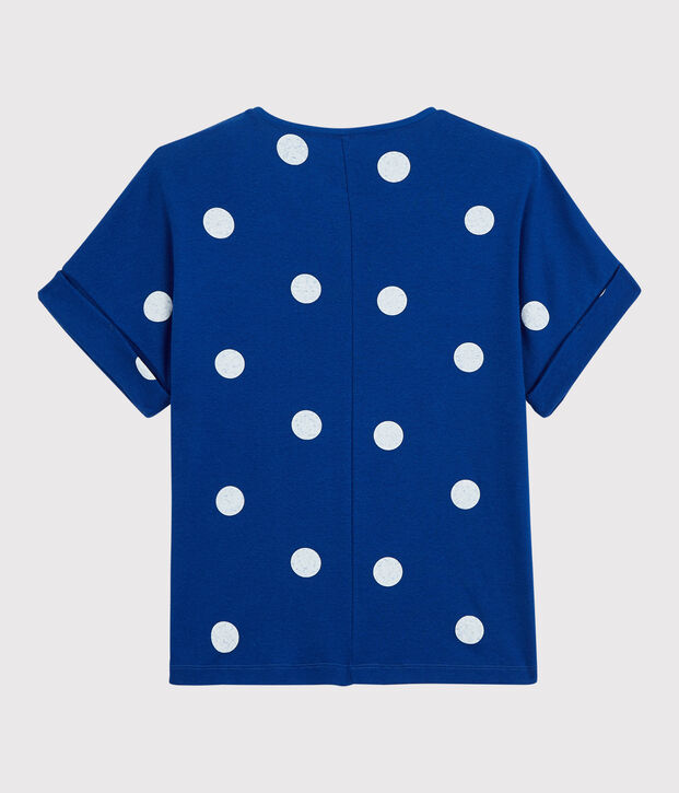 Katoenen/linnen T-shirt met print, Dames blauw/wit
