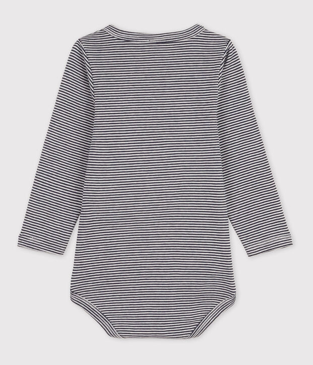 Body manches longues b&eacute;b&eacute; ray&eacute; col tunisien en coton bleu/blanc