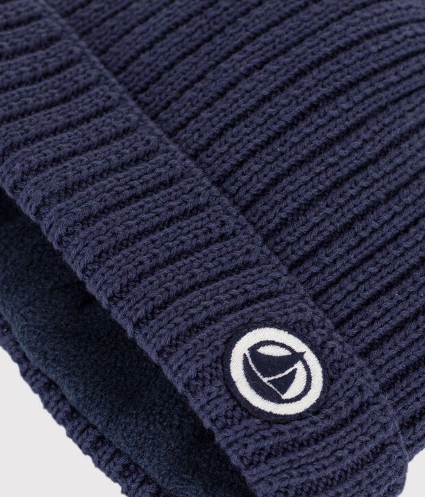 Bonnet b&eacute;b&eacute; en coton doubl&eacute; en polaire bleu marine