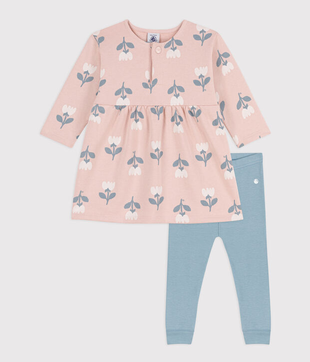 Bedrukt babyjurkje van molton met legging roze/multicouleur