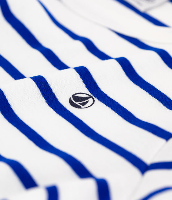 Korte katoenen gestreepte pyjama voor kleine jongens wit MARSHMALLOW/blauw SURF