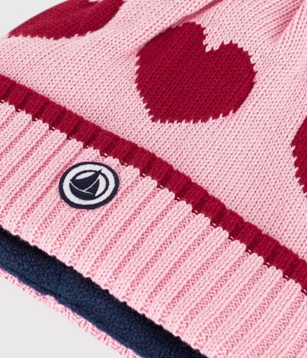 Kindermuts van jacquardtricot met fleecevoering roze/rood