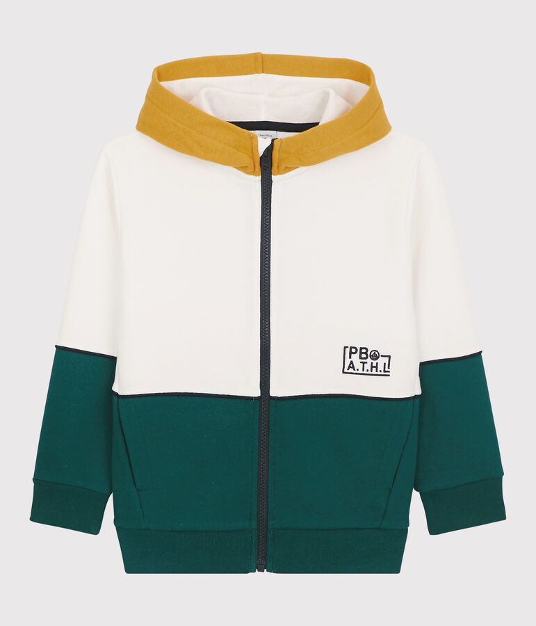 Sweatshirt &agrave; capuche en molleton enfant gar&ccedil;on blanc MARSHMALLOW/vert PINEDE