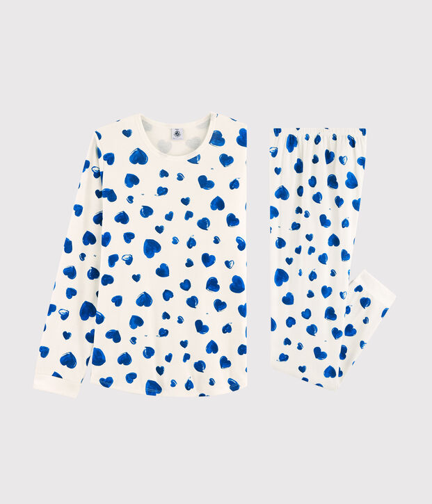 Meisjes-dame pyjama van ribtricot met hartjesprint wit/blauw