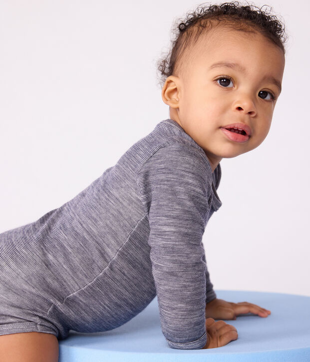 Body manches longues b&eacute;b&eacute; en laine et coton bleu/blanc