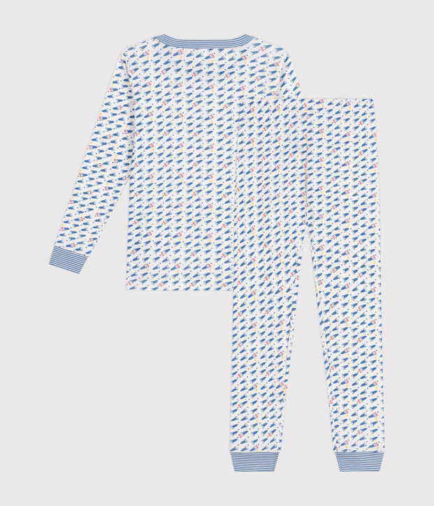 Aansluitende katoenen kinderpyjama met raketjesmotief wit/multicouleur