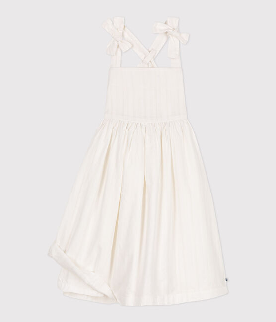 Robe longue à bretelles enfant en coton uni blanc ECUME