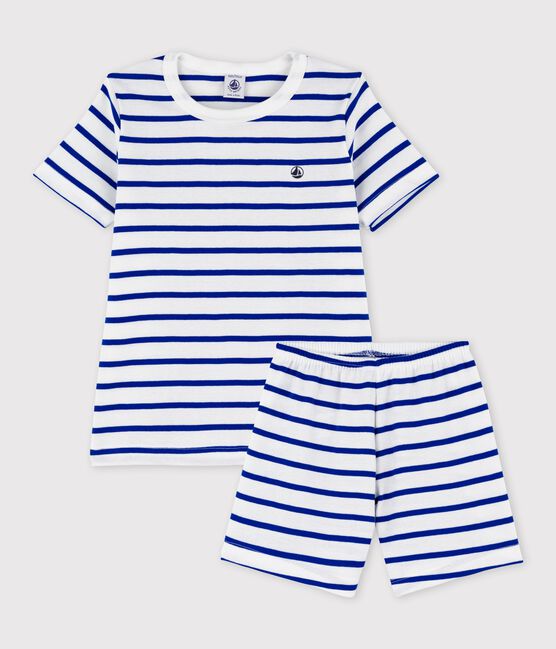 Korte katoenen gestreepte pyjama voor kleine jongens wit MARSHMALLOW/blauw SURF