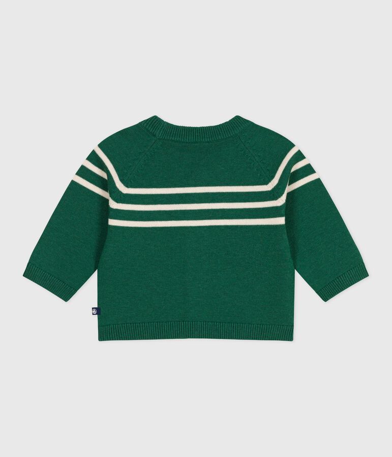 Cardigan b&eacute;b&eacute; en tricot laine et coton ray&eacute; vert/&eacute;cru