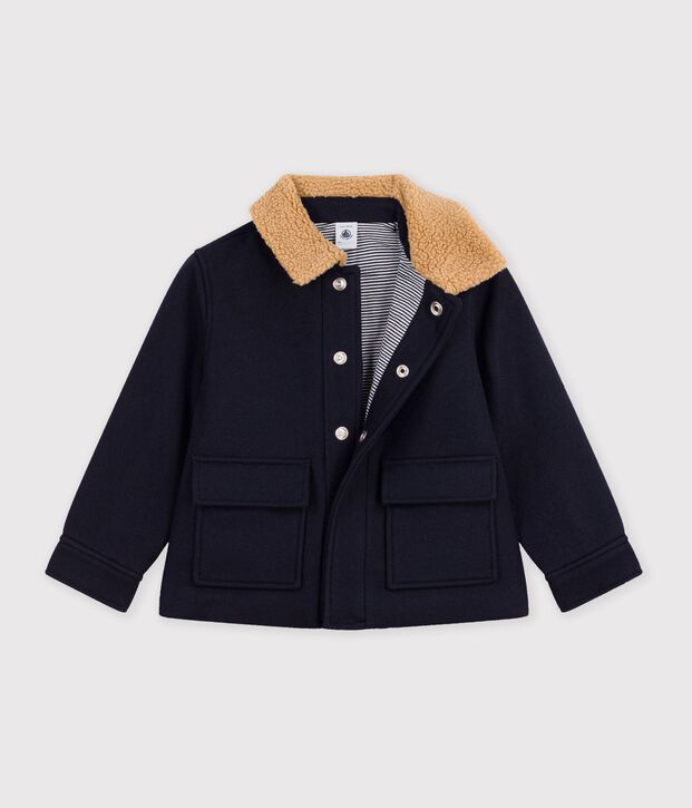 Veste esprit caban enfant en draps de laine uni bleu marine