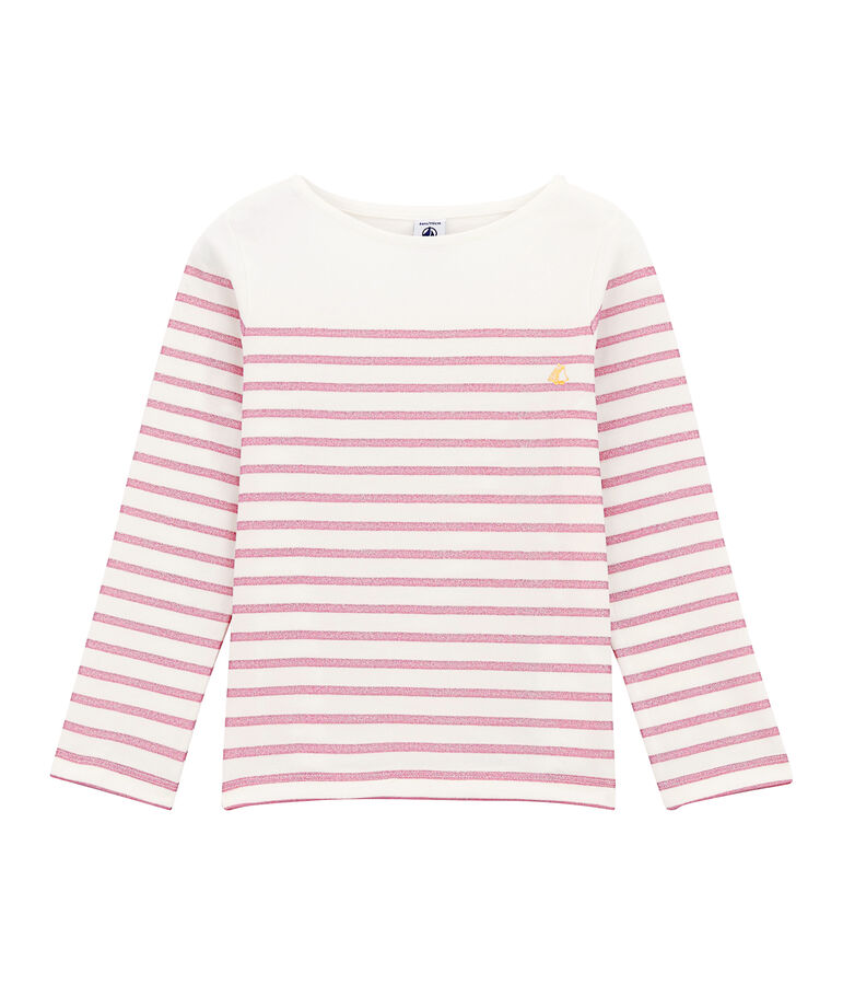 Tee-shirt fille manche longue blanc/rose