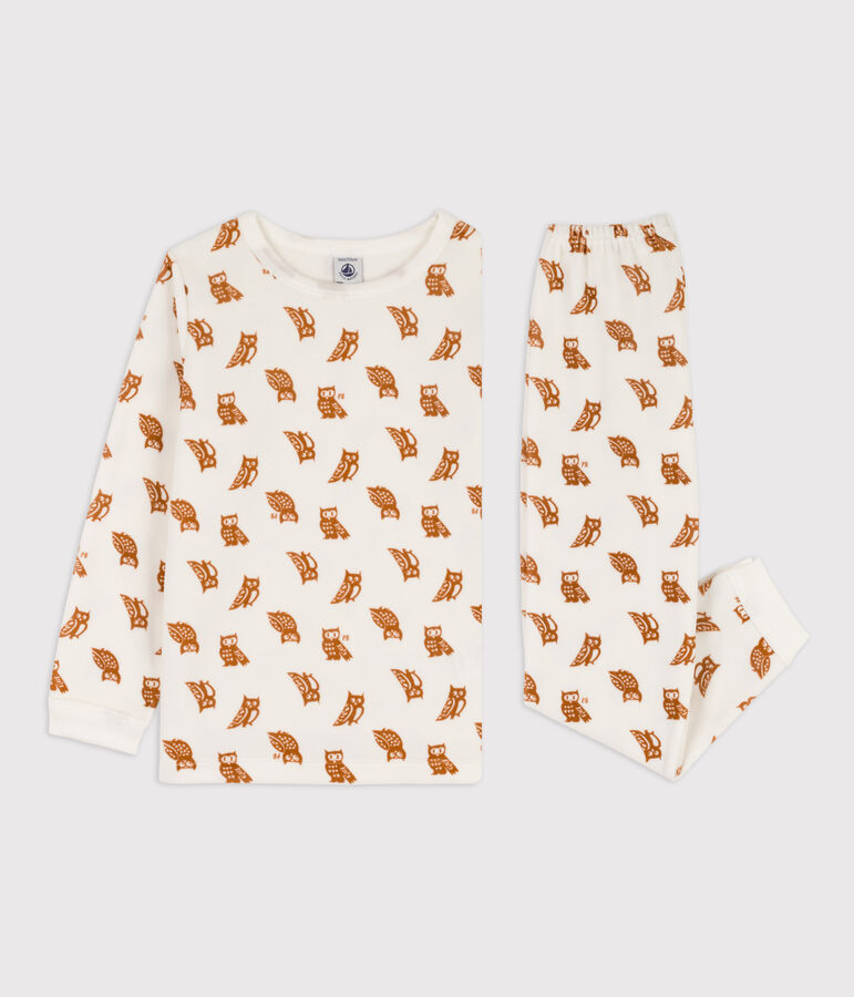 Fluwelen pyjama voor kleine meisjes en jongens wit MARSHMALLOW/ ECUREUIL