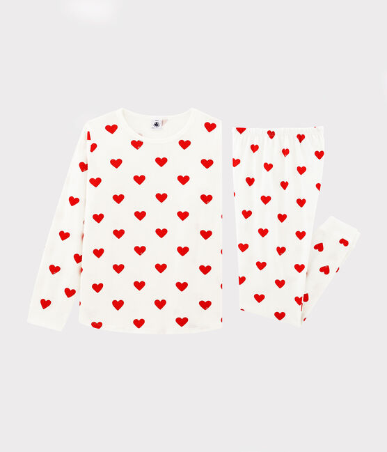 Pyjama enfant imprimé cœurs en côte blanc MARSHMALLOW/rouge TERKUIT