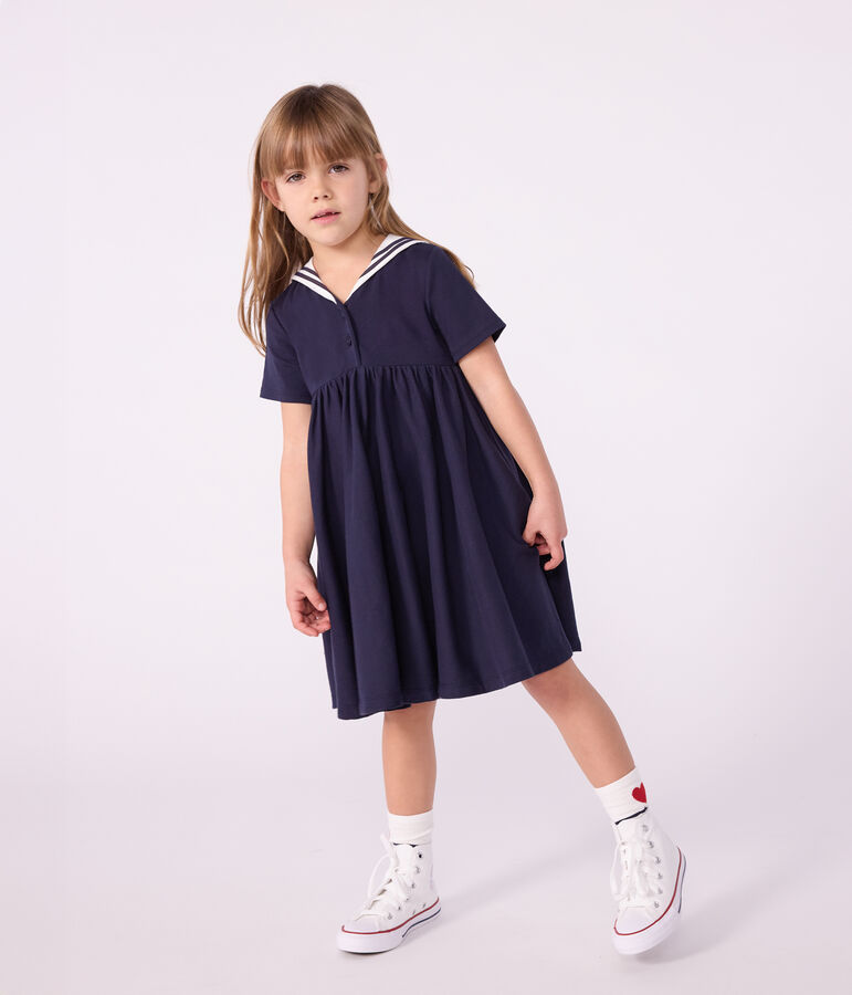 Effen katoenen kinderjurk met korte mouw blauw SMOKING