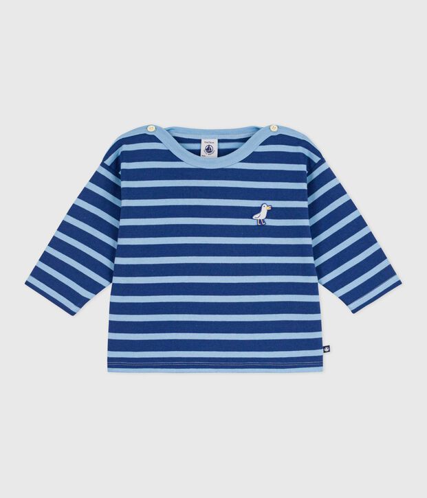 Katoenen babytruitje met matrozenstreepje en meeuwbadge blauw/blauw