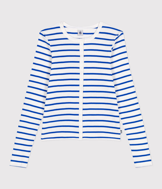 Cardigan femme en coton uni blanc MARSHMALLOW/bleu PERSE
