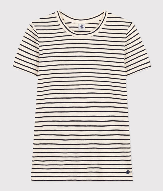 Tee-shirt Le Droit col rond en coton rayé femme blanc AVALANCHE/bleu SMOKING