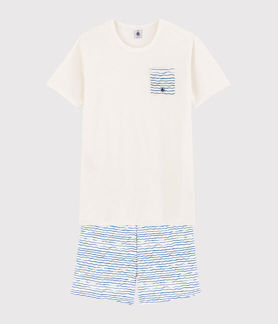 Wit-blauwe pyjacourt van ribstof uniseks wit MARSHMALLOW/blauw COOL
