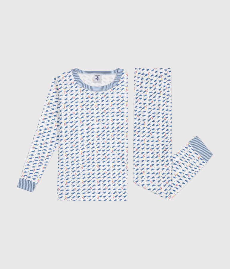 Aansluitende katoenen kinderpyjama met raketjesmotief wit/multicouleur