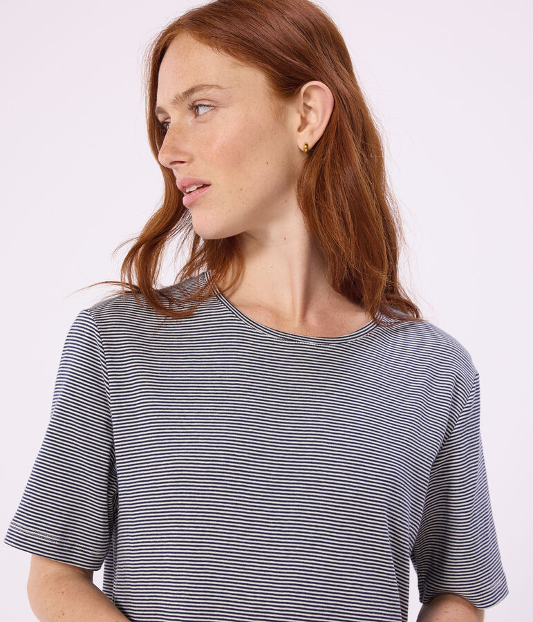 Chemise de nuit femme en coton manches courtes &agrave; rayures bleu SMOKING/blanc MARSHMALLOW