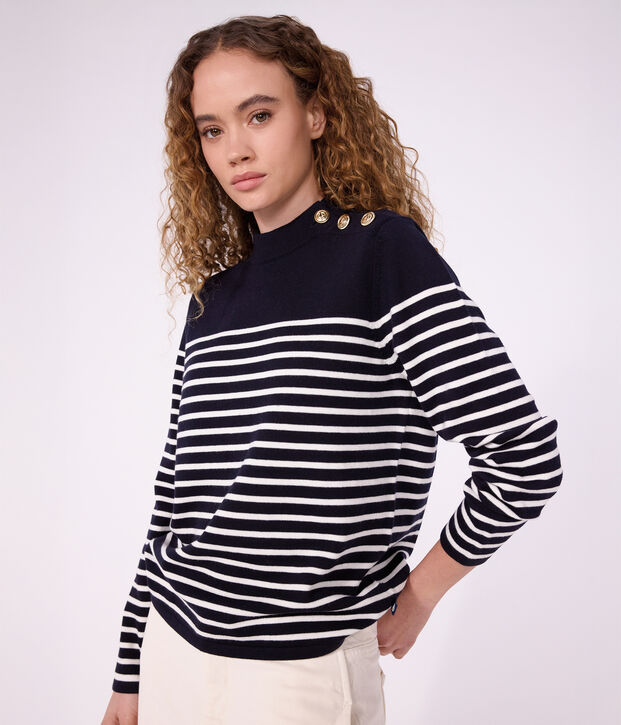 Pull esprit marin femme en laine et coton &agrave; rayures bleu/blanc