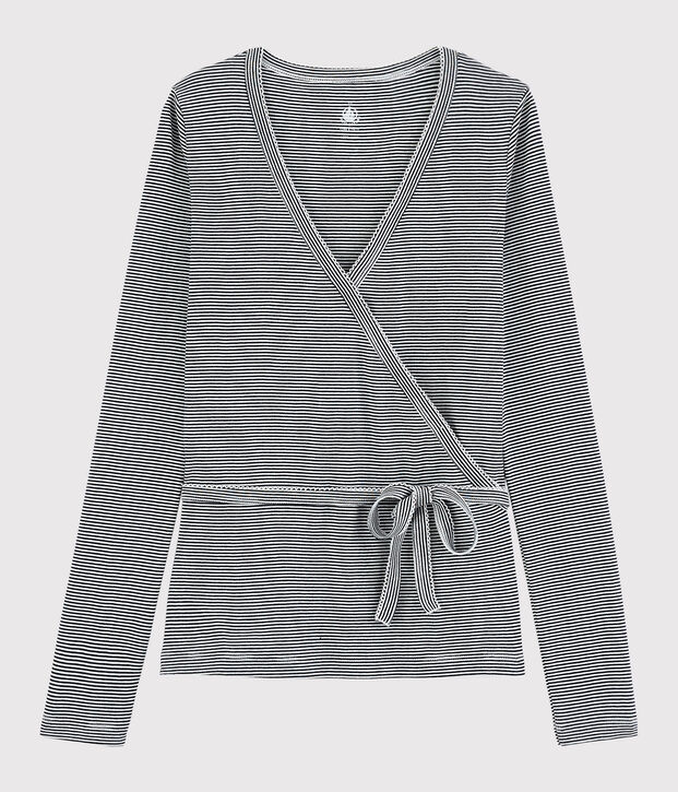 Cardigan cache-c&oelig;ur en coton ray&eacute; Femme bleu/blanc