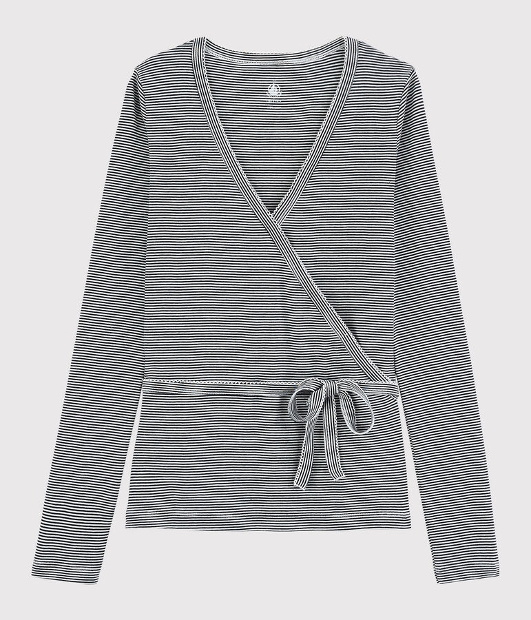 Cardigan cache-c&oelig;ur en coton ray&eacute; Femme bleu/blanc