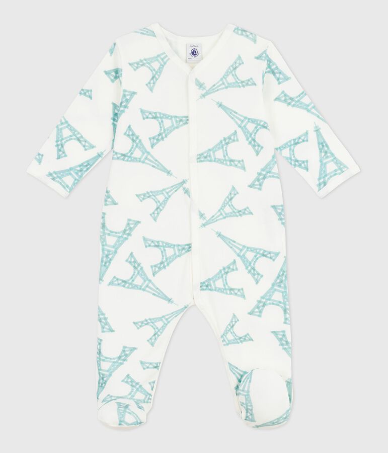 Katoenen babypyjama met Eiffeltorenprint wit/groen