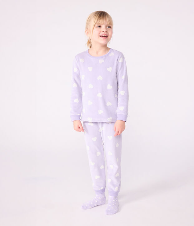 Fluwelen kinderpyjama met hartjesprint purper/wit