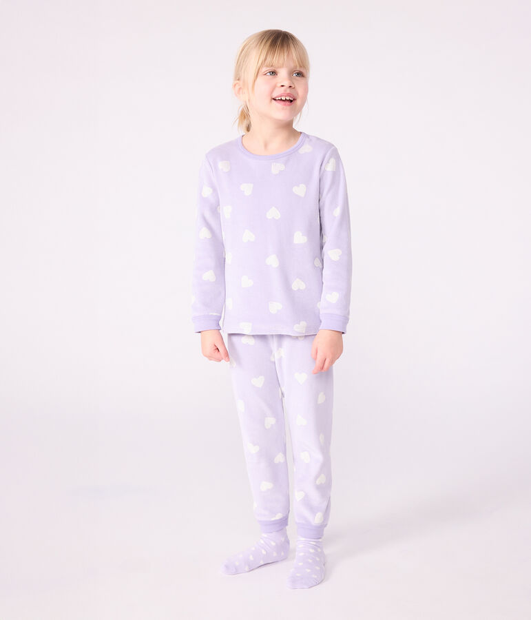 Pyjama enfant en velours imprim&eacute; c&oelig;urs violet/blanc