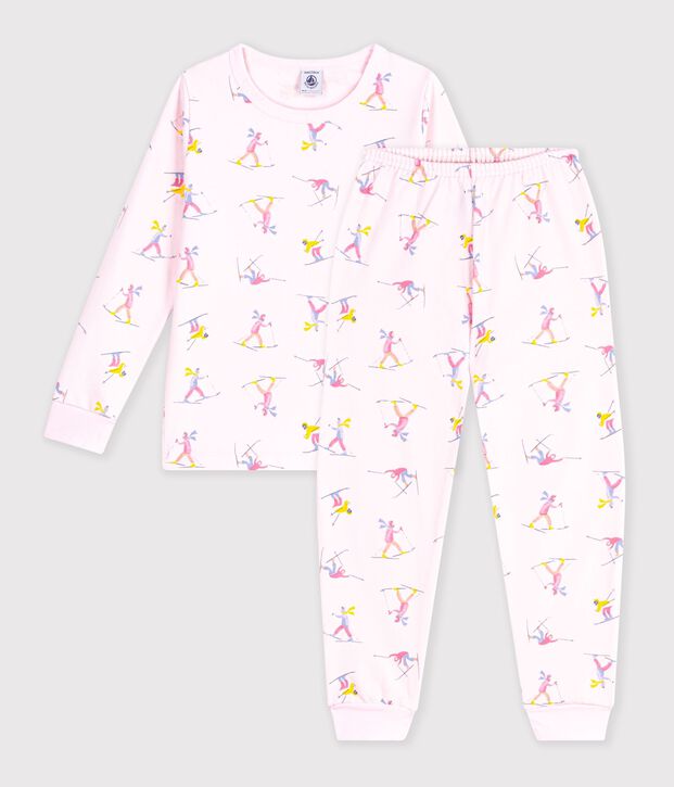 Kinderpyjama van fleece met skiprint roze/multicouleur