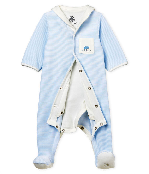 Bodyjama van velours met fijne streepjes voor babyjongen blauw/wit