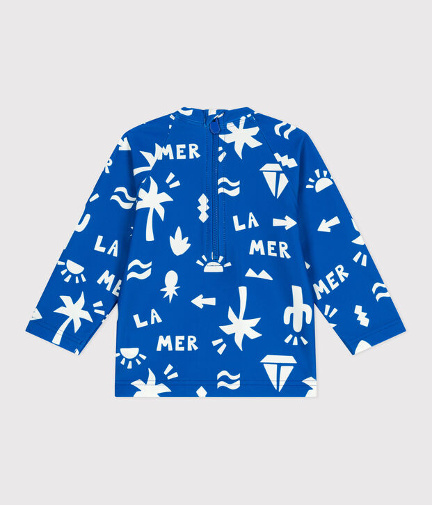 Tee-shirt anti UV b&eacute;b&eacute;, imprim&eacute; plage bleu/blanc