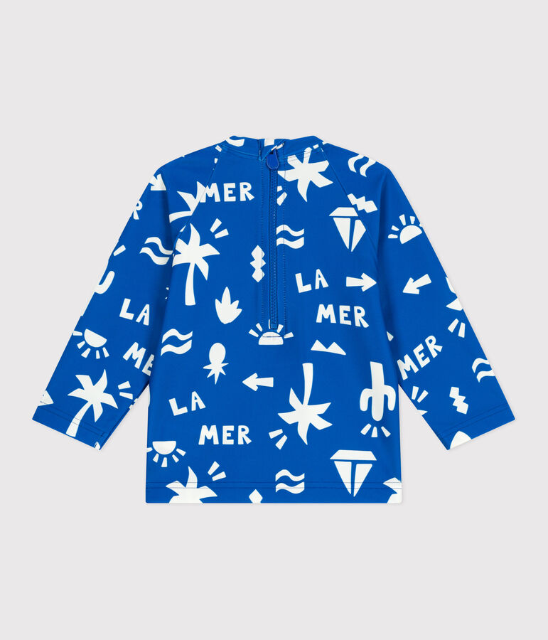 T-shirt anti UV b&eacute;b&eacute;, imprim&eacute; plage bleu/blanc