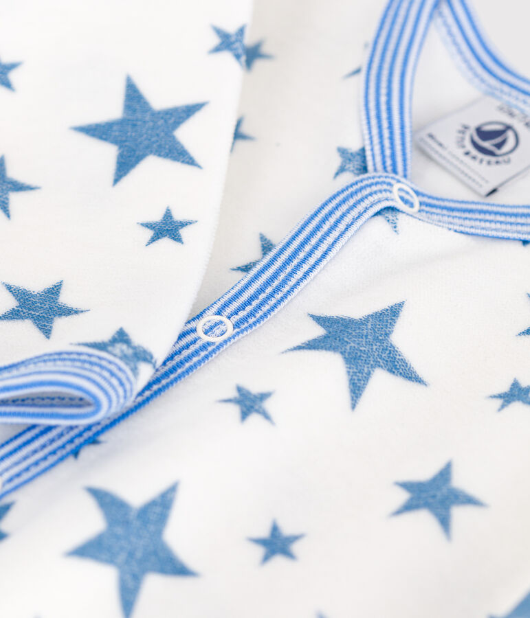 Fluwelen babypyjama met sterrenprint wit MARSHMALLOW/blauw ALASKA