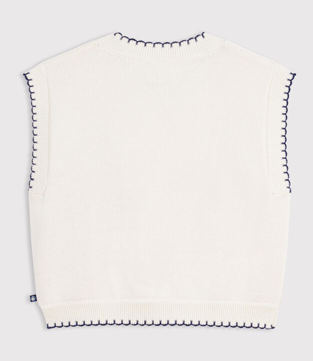 Mouwloze kindertrui van wol en katoen met kabeltricot wit