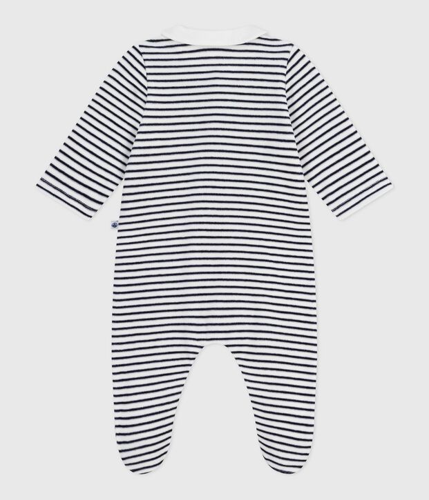 Fluwelen babypyjama met kraag en print wit/blauw