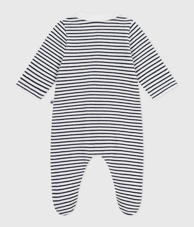 Fluwelen babypyjama met kraag en print wit/blauw