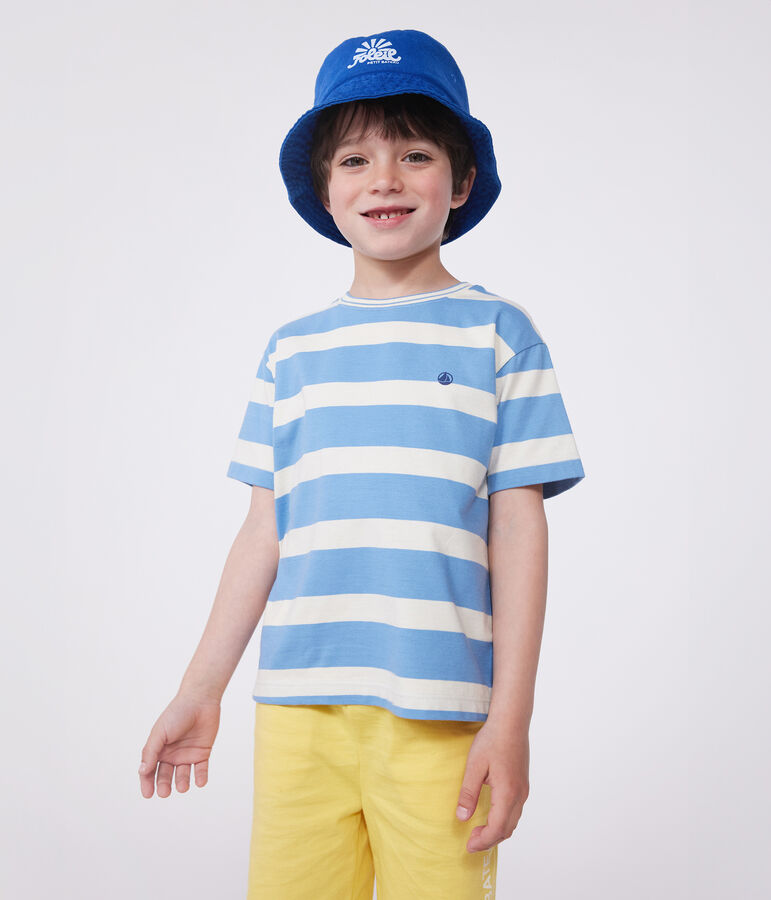 Teeshirt enfant en coton manches courtes &agrave; rayures bleu/&eacute;cru